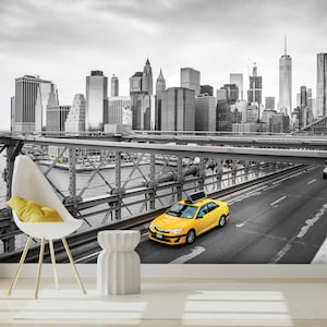 Black and white brooklyn bridge wallpaper with taxi [Wall decor, Peel and Stick (self adhesive) or Non-Pasted Vinyl Papers, Wall art]