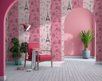 Vintage wallpaper with Eiffel Tower, Paris, pink stripes [Wall decor, Peel and Stick (self adhesive) or Non-Pasted Vinyl Papers, Wall art]