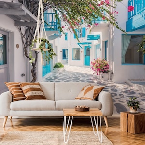 Santorini-Architektur-Tapete, Straße und Gebäude im griechischen Stil [abziehen und aufkleben (selbstklebend) oder nicht beklebte Vinylpapiere]
