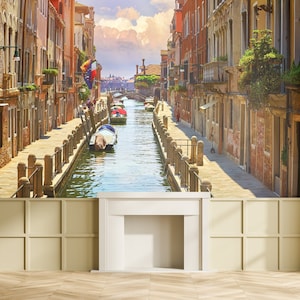 River and City Buildings of Venice, Italy, Daytime Cityscape Wallpaper [Peel and Stick (self adhesive) or Non-Pasted Vinyl Papers]