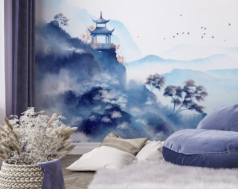 Blue landscape wallpaper, oriental Asia, Wall Mural [Peel and Stick (self adhesive) or Non-Pasted Vinyl Papers]