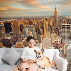 Manhattan-Sonnenuntergang-Ansicht von New York City Wallpaper | Abziehen und Aufkleben, selbstklebend, Wandbild, abnehmbare Tapete, Wanddekoration