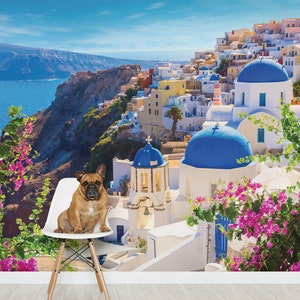 Carta da parati dell'isola di Santorini, paesaggio greco, case tradizionali greche [Stacca e incolla (autoadesiva) o carta vinilica non incollata]