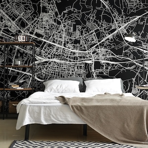 Abstrakte schwarz-weiße Stadtplan-Tapete, Stadtplan-Vogelperspektive-Wandbild [Abziehen und Aufkleben (selbstklebend) oder nicht beklebtes Vinylpapier]
