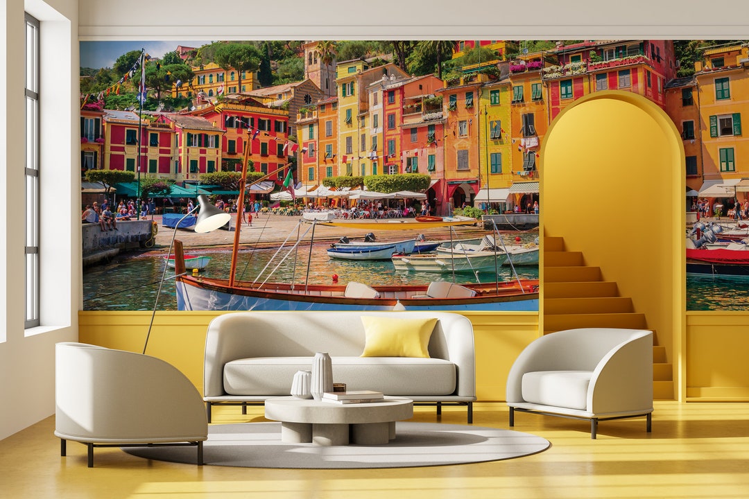 Portofino Bay Wallpaper, Colorful Buildings of Italy Peel and Stick
