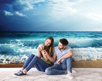 Tropical beach 3D effect wallpaper, seascape mural | peel & stick, self adhesive, wall mural, removable wallpaper, wall decor