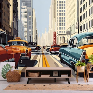 Paisagem vinatge de Nova York, mural de parede de carros clássicos, decoração de parede de paisagem urbana [descascar e colar (autoadesivo) ou papéis de vinil não colados]