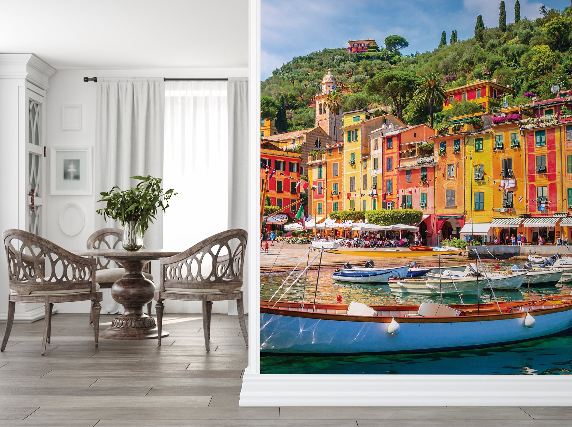 Portofino Bay Wallpaper, Colorful Buildings of Italy Peel and Stick