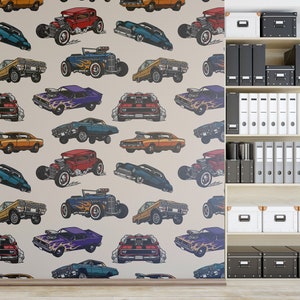 Retro-Vintage-Tapete mit Automuster [abziehen und aufkleben (selbstklebend) oder nicht geklebtes Vinylpapier]