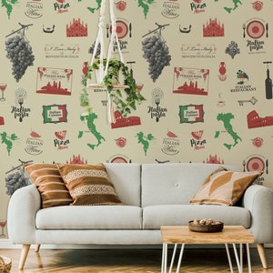 Italian food pattern wall mural Pizza and pasta seamless removable wallpaper Peel and Stick wine and grape wall art decor