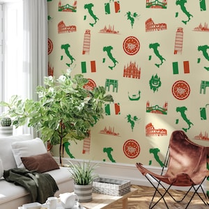 City wallpaper with Italy symbols | peel and stick, self adhesive, wall mural, temporary wallpaper, removable wallpaper