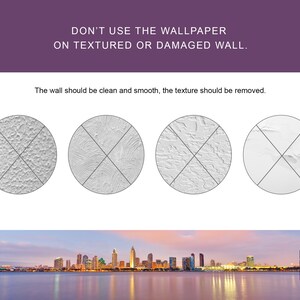 May include: Illustration showing examples of textured and damaged walls that are not suitable for wallpaper. The text reads "DON'T USE THE WALLPAPER ON TEXTURED OR DAMAGED WALL. The wall should be clean and smooth, the texture should be removed."