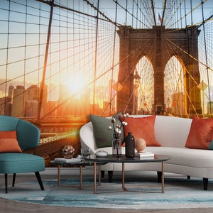 New York City Wallpaper with Brooklyn Bridge Skyline | peel and stick or vinyl, self adhesive, wall mural, removable wallpaper, wall decor