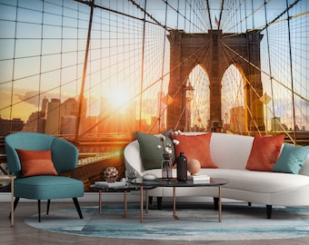 New York City Wallpaper with Brooklyn Bridge Skyline | peel and stick or vinyl, self adhesive, wall mural, removable wallpaper, wall decor