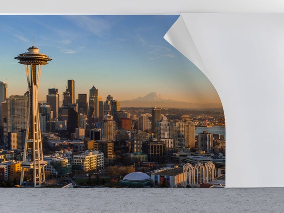 Wallpaper With Seattle Skyline at Sunset With Space Needle - Etsy Wallpaper With Seattle Skyline at Sunset With Space Needle - Etsy