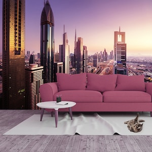 Dubai skyline in sunset wallpaper, United Arab Emirates | peel and stick, self adhesive, wall mural, removable wallpaper, wall decor