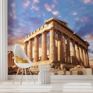 Carta da parati del Partenone, Acropoli, Atene, Grecia, Cielo al tramonto, Colonne greche [Stacca e incolla (autoadesiva) o carta vinilica non incollata]