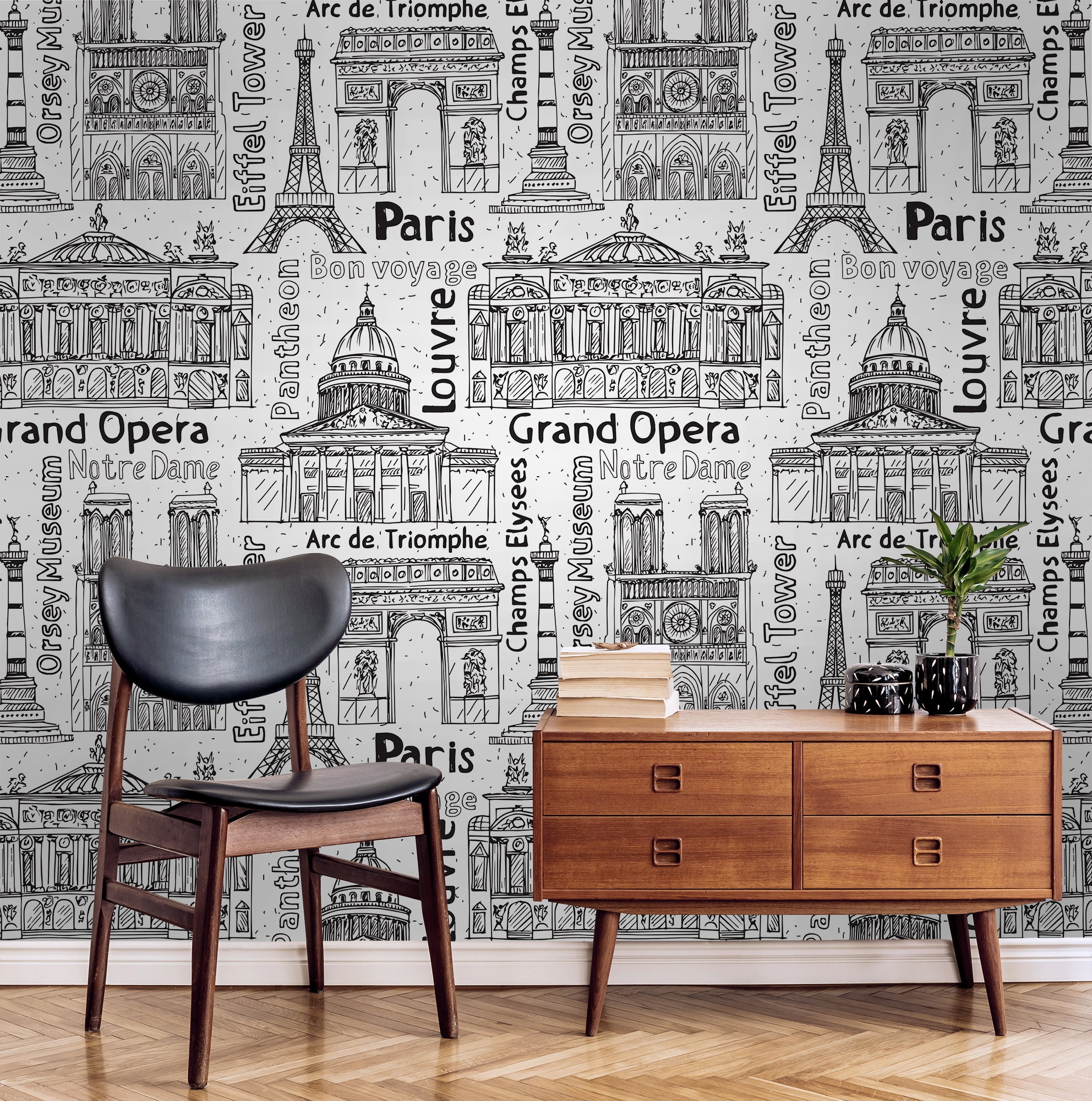 Black and White Paris Wallpaper, Eiffel Tower, Landmarks wall Decor ...
