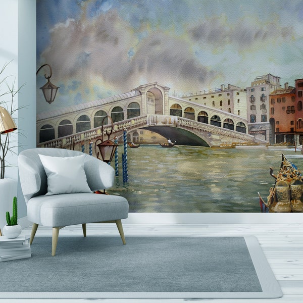 Een uitzichtbehang van het kanaal met de Rialtobrug, Venetië | Peel and Stick, zelfklevend, muurschildering, verwijderbaar behang, wanddecoratie