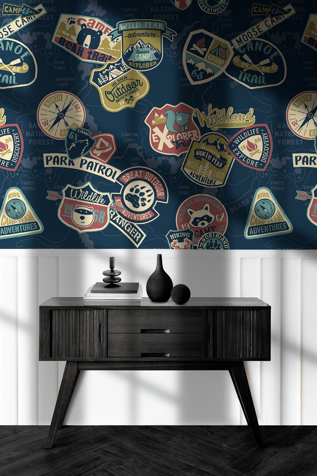 Cute abstract wallpaper, camping badge pattern, Wall Mural [Peel and Stick (self adhesive) or Non-Pasted Vinyl Papers]
