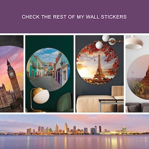 May include: Four round wall decals featuring iconic landmarks: Big Ben and the Houses of Parliament in London, a colorful street in a South American city, the Eiffel Tower in Paris, and a temple in Myanmar. The decals are shown on different colored walls in a home setting.