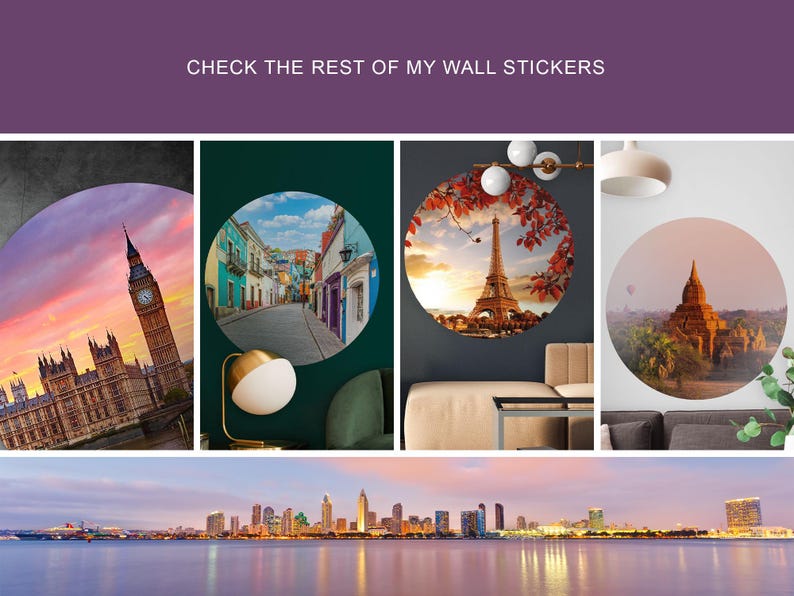 May include: Four round wall decals featuring iconic landmarks: Big Ben and the Houses of Parliament in London, a colorful street in a South American city, the Eiffel Tower in Paris, and a temple in Myanmar. The decals are shown on different colored walls in a home setting.