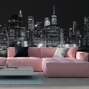 Schwarz-weiße Tapete der Skyline von Manhattan, New York City | Abziehen und Aufkleben, selbstklebend, Wandbild, abnehmbare Tapete, Wanddekoration