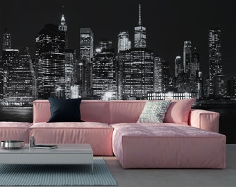 Black and white wallpaper of Manhattan skyline, New York City | peel and stick, self adhesive, wall mural, removable wallpaper, wall decor