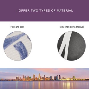 May include: Two close-up images showing the different material options for wallpaper. The first image shows a white peel and stick wallpaper with a blue abstract pattern. The second image shows a black vinyl wallpaper with a white abstract pattern. The text "I offer two types of material" is at the top of the image.