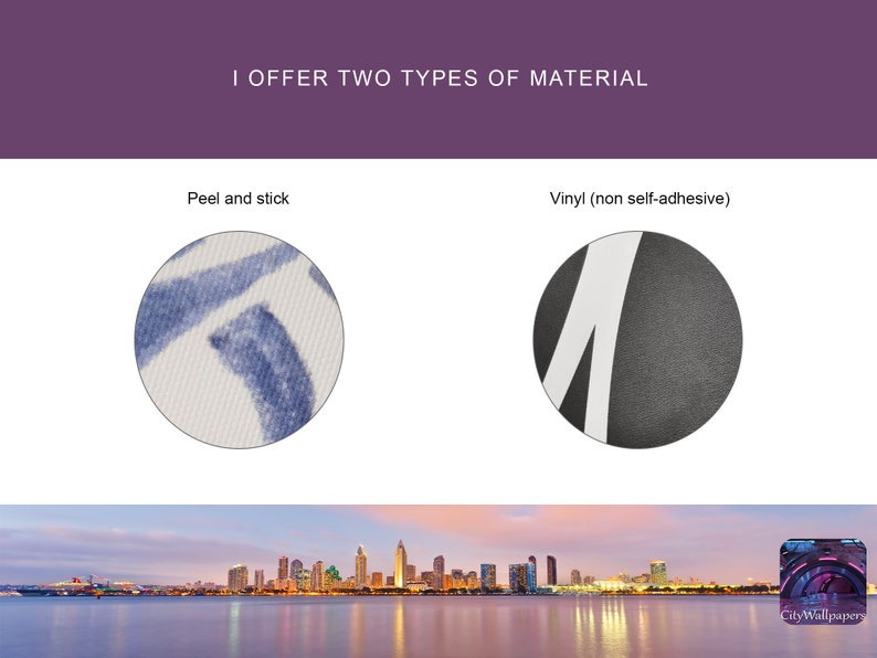 May include: Two close-up images showing the different material options for wallpaper. The first image shows a white peel and stick wallpaper with a blue abstract pattern. The second image shows a black vinyl wallpaper with a white abstract pattern. The text "I offer two types of material" is at the top of the image.