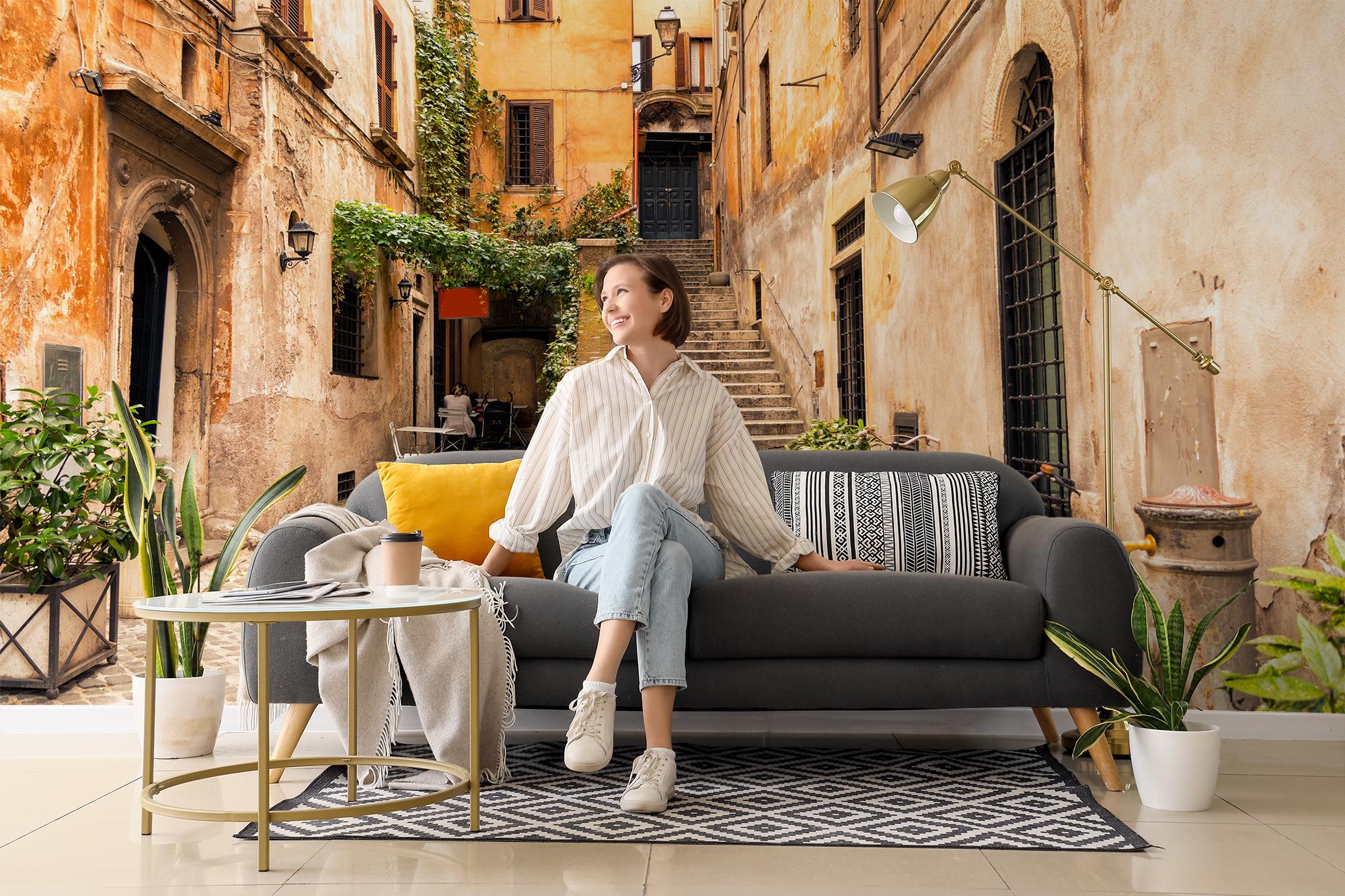 Romantic alley in old part of Rome, Italy, 3D effect wallpaper | peel and stick, self adhesive, wall mural, removable wallpaper, wall decor