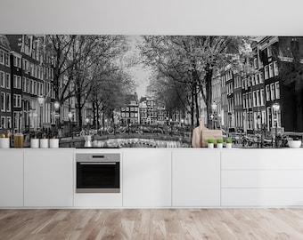 Black and white wallpaper, Leidsegracht bridge in Amsterdam | peel and stick, self adhesive, wall mural, removable wallpaper, wall decor