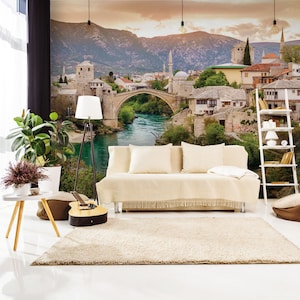 City of Mostar and Neretva River wallpaper | peel and stick, self adhesive, wall mural, removable wallpaper, wall decor