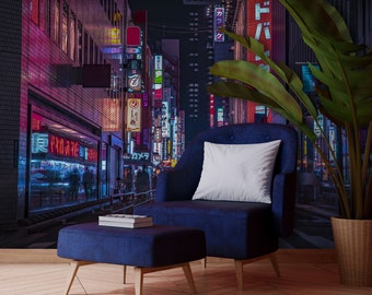 A night wallpaper, neon street, downtown, Shinjuku, Tokyo | peel and stick, self adhesive, wall mural, removable wallpaper, wall decor
