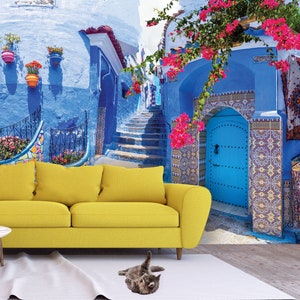 Beautiful blue buildings of Chefchaouen, Morocco, North Africa | peel and stick, self adhesive, wall mural, removable wallpaper, wall decor