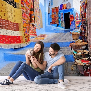 Carta da parati marocchina, medina della città blu di Chefchaouen in Marocco [Stacca e incolla (autoadesiva) o carta vinilica non incollata]