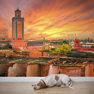 Carta da parati con paesaggio al tramonto di Marrakech, Marocco [Carta da parati stacca e incolla (autoadesiva) o carta vinilica non incollata]