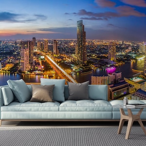 Bangkok city wallpaper, Chao Phraya River, night city || peel and stick, self adhesive, wall mural, removable wallpaper