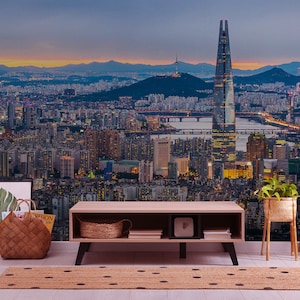 Seoul City Skyline Wallpaper, Skyscraper At Night, South Korea Mountains [Peel and Stick (self adhesive) or Non-Pasted Vinyl Papers]