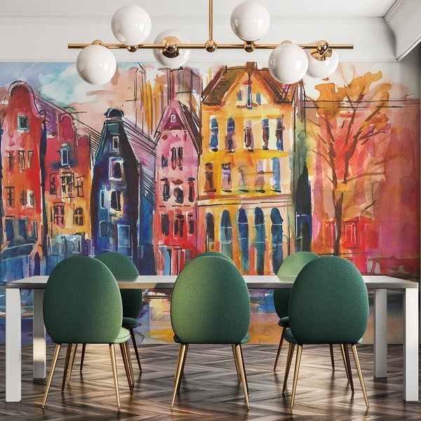 Watercolor wallpaper, view of the colorful houses in Amsterdam | peel and stick, self adhesive, wall mural, removable wallpaper, wall decor