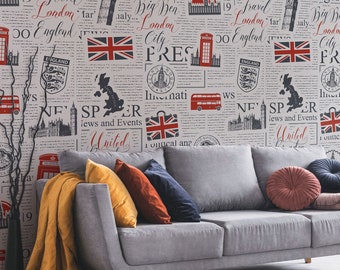 London newspaper pattern wall mural British symbols removable wallpaper Union jack flag Peel and Stick Big Ben wall art decor