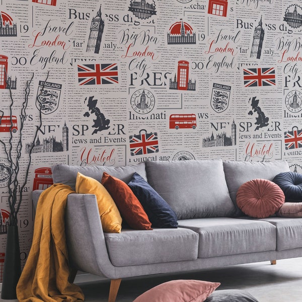 London newspaper pattern wall mural British symbols removable wallpaper Union jack flag Peel and Stick Big Ben wall art decor
