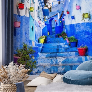 Carta da parati blu marocchina, vasi di fiori colorati Carta da parati [Stacca e incolla (autoadesiva) o carta vinilica non incollata]