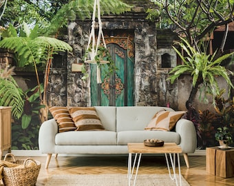 Traditional balinese wooden door, Bali style wallpaper | peel & stick, self adhesive, wall mural, removable wallpaper, wall decor