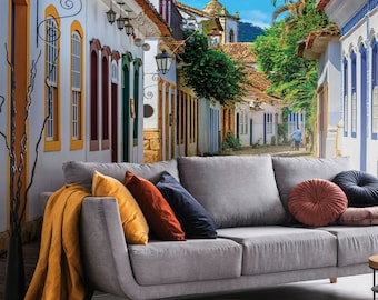 Street in Paraty, Rio de Janeiro, Brazil, 3D effect wallpaper | peel & stick, self adhesive, wall mural, removable wallpaper, wall decor