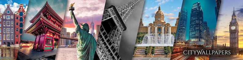 May include: A collage of cityscapes from around the world, including Amsterdam, Tokyo, New York City, Paris, Barcelona, London, and Hong Kong. The image features iconic landmarks like the Eiffel Tower, the Statue of Liberty, and Big Ben. CITYWALLPAPERS is displayed at the bottom of the image.