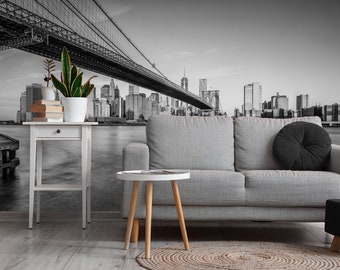 Brooklyn Bridge wallpaper, black and white [Wall decor, Peel and Stick (self adhesive) or Non-Pasted Vinyl Papers, Wall art]