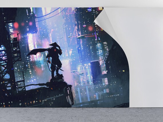 wall decor peel and stick self adhesive wall mural Samurai wallpaper art style building in cyberpunk city removable wallpaper