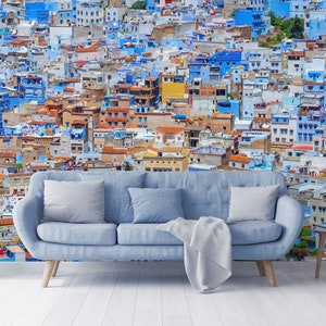 Carta da parati con panorama della città blu, Chefchaouen, Marocco | staccare e incollare, autoadesivo, murale, carta da parati rimovibile, decorazione murale