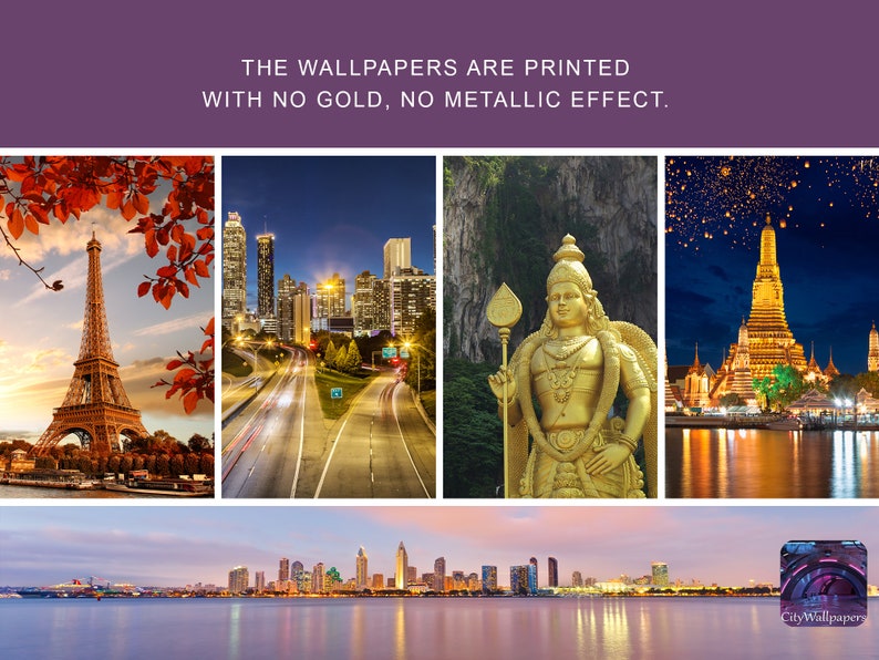 May include: A collage of cityscapes from around the world, including the Eiffel Tower in Paris, a highway in Atlanta, a golden statue in Thailand, and a temple in Bangkok. The text "CityWallpapers" is in the lower right corner.